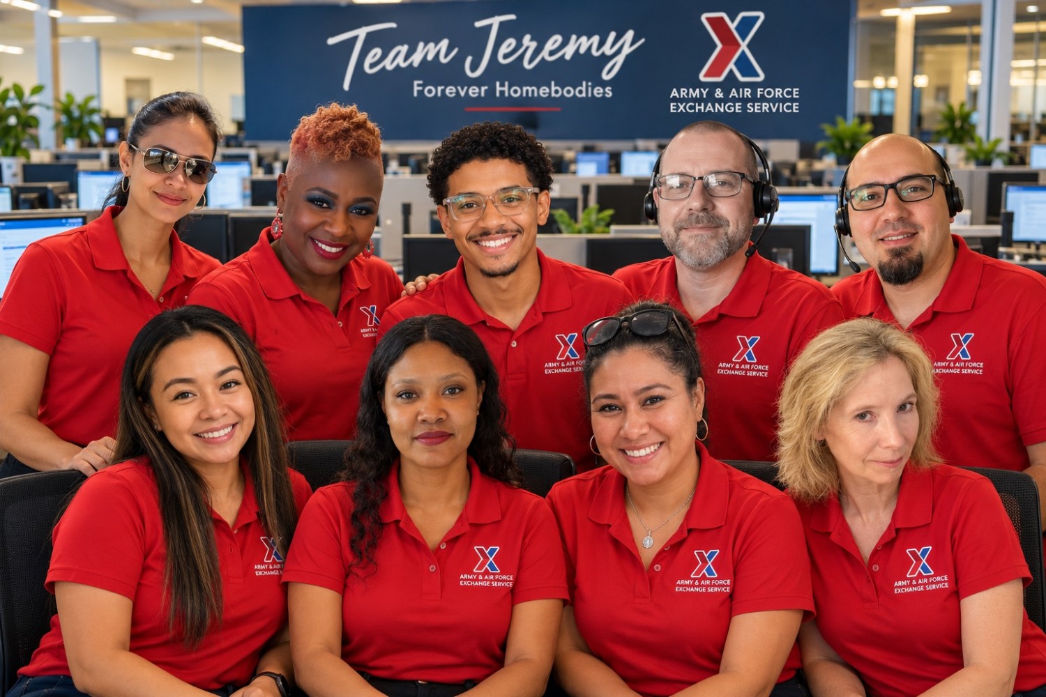 Group of nine Exchange contact center associates wearing red Exchange polo shirts.