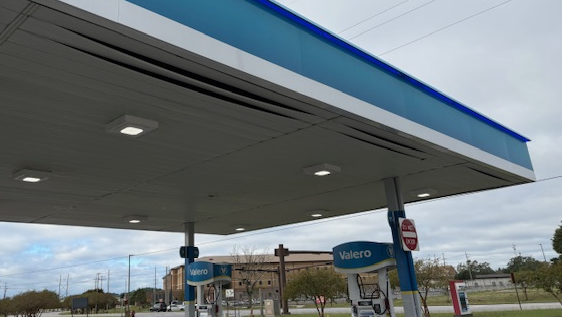Picture of hurricane damage to gas station canopy.