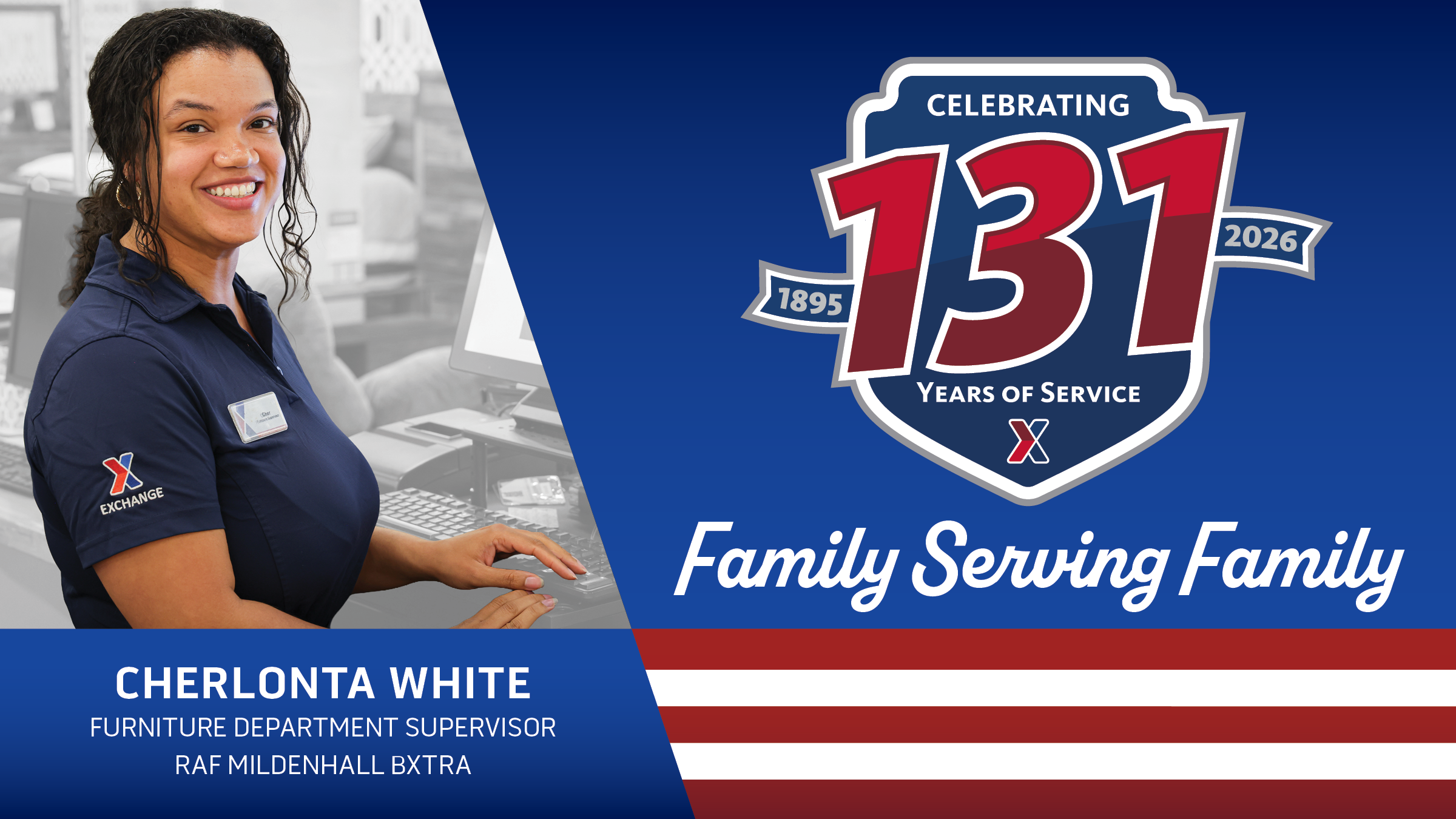 Cherlonta White head shot with text: 131 Years of Family Serving Family